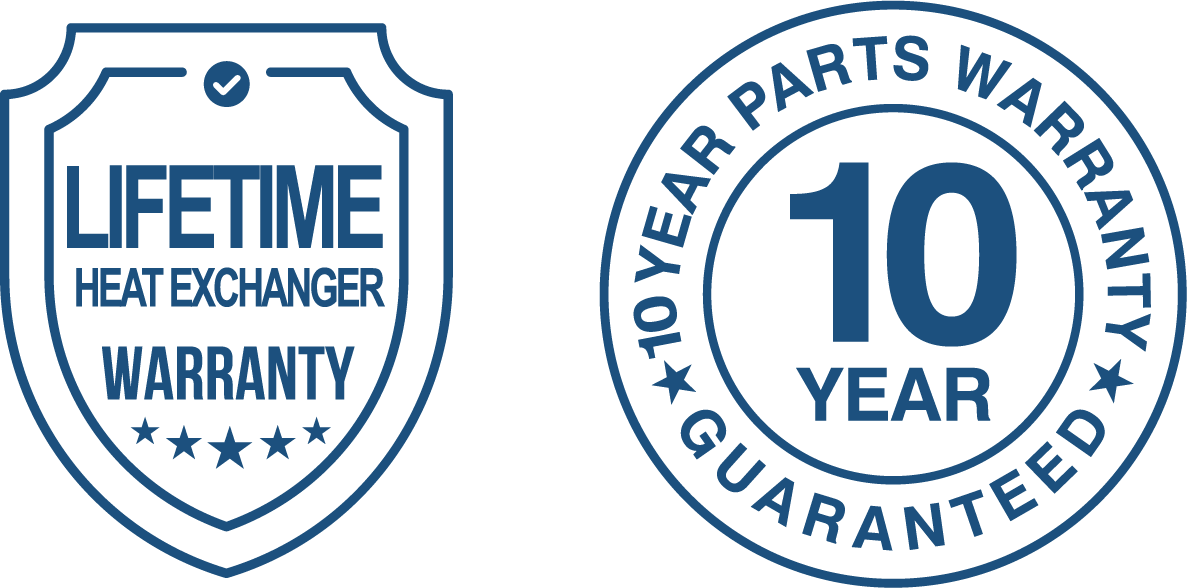 Two warranty seals highlighting a lifetime heat exchanger warranty and a 10-year parts warranty guarantee.