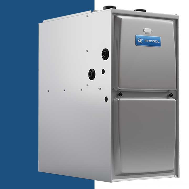 High-efficiency MrCool furnace unit with a sleek silver design.