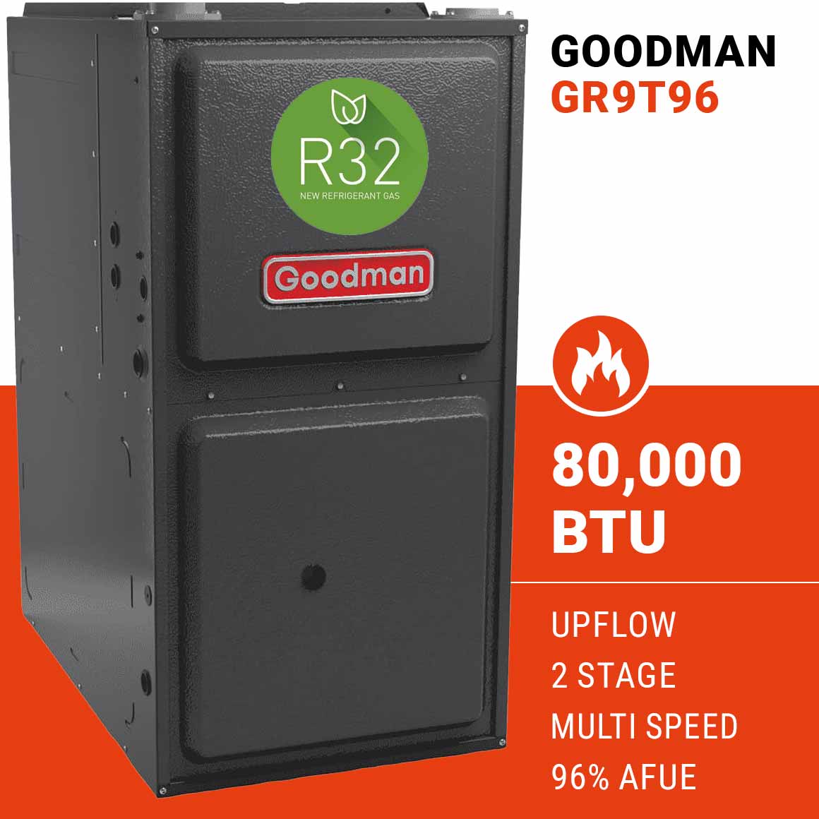 Goodman GR9T960803BN Gas Furnace – Upflow, 2 Stage, Multi Speed, R32 Compatible