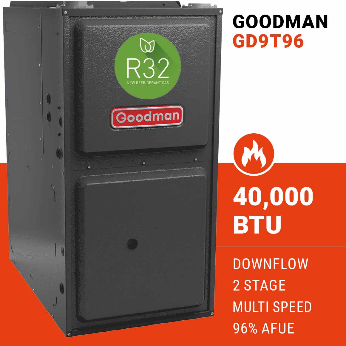 Goodman GD9T960403BNA Gas Furnace – Downflow, 2 Stage, Multi Speed, R32 Compatible